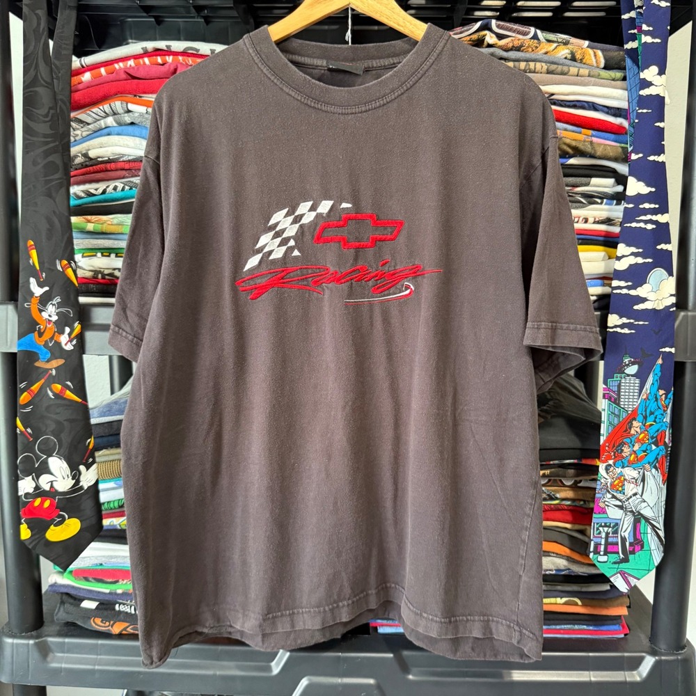 Vintage Black Chevrolet Racing Embroidered T-Shirt XL Light Distressing